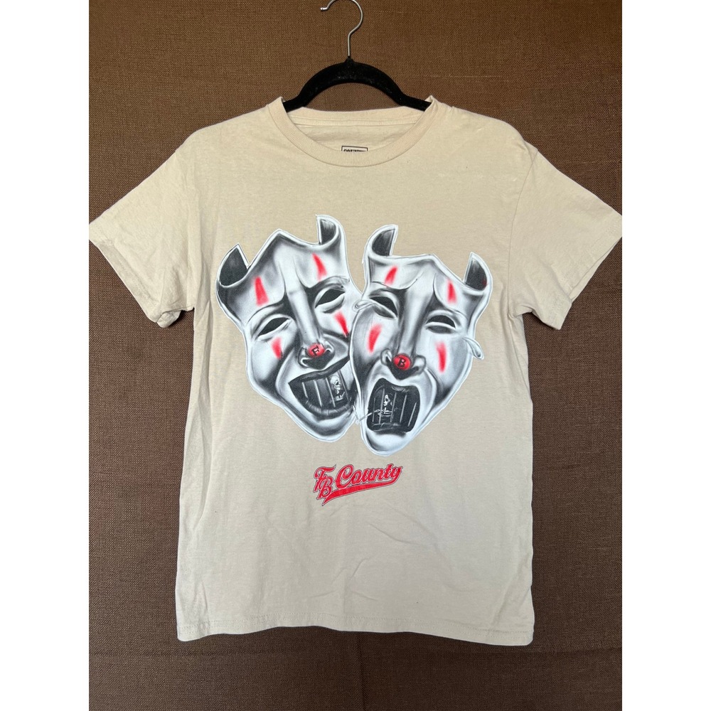 FB County Mens Drama Masks Graphic T-Shirt Tan Beige Chicano Streetwear Small